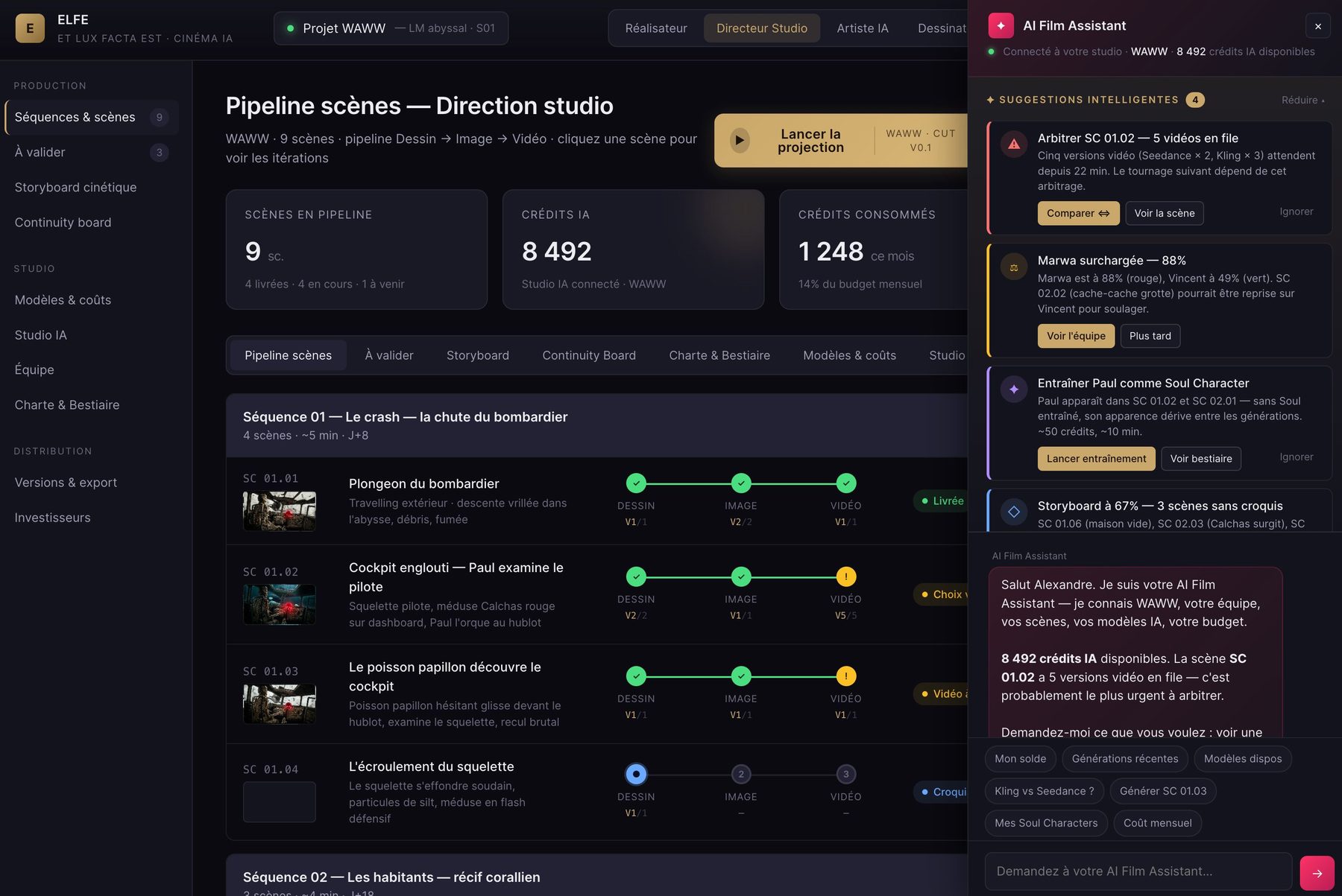Dashboard ELFE.app — Pipeline scènes & AI Film Assistant